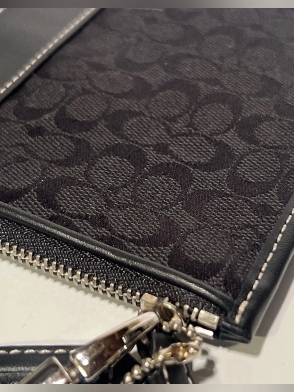 Coach Signature Jacquard Black Leather-Trim Wristlet Pouch Clutch Silver